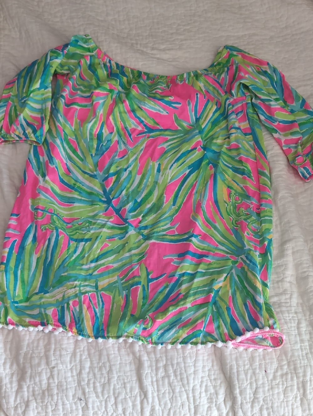 Lilly Pulitzer Pink and Green Off-Shoulder Tropical Leaf Girls Dress